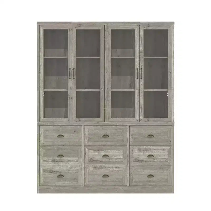 Libreria Rustica Grigia con Ante in Vetro: Ripiani Regolabili e 9 Cassetti, Ampio Spazio per Biblioteche Domestiche Organizzate