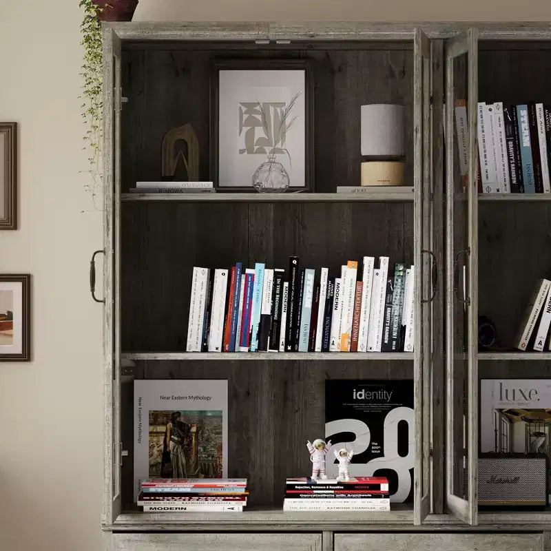 Libreria Rustica Grigia con Ante in Vetro: Ripiani Regolabili e 9 Cassetti, Ampio Spazio per Biblioteche Domestiche Organizzate