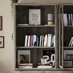 Libreria Rustica Grigia con Ante in Vetro: Ripiani Regolabili e 9 Cassetti, Ampio Spazio per Biblioteche Domestiche Organizzate