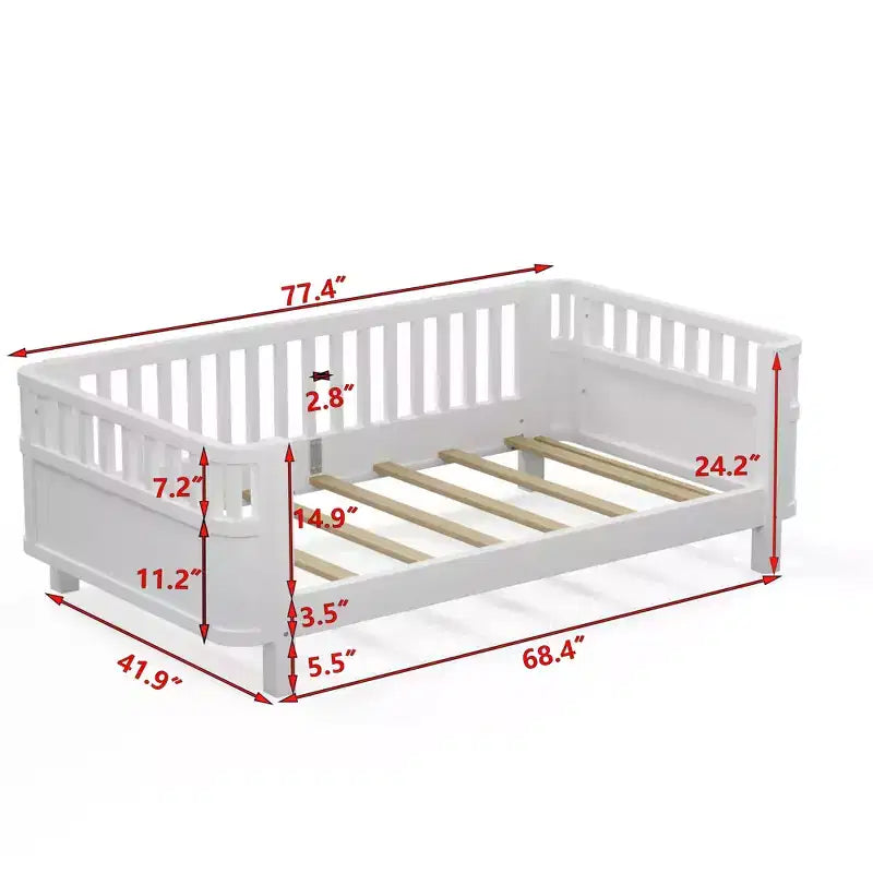Letto a piattaforma in legno per bambini, letto basso singolo in legno con sponde per bambine e bambini, bianco