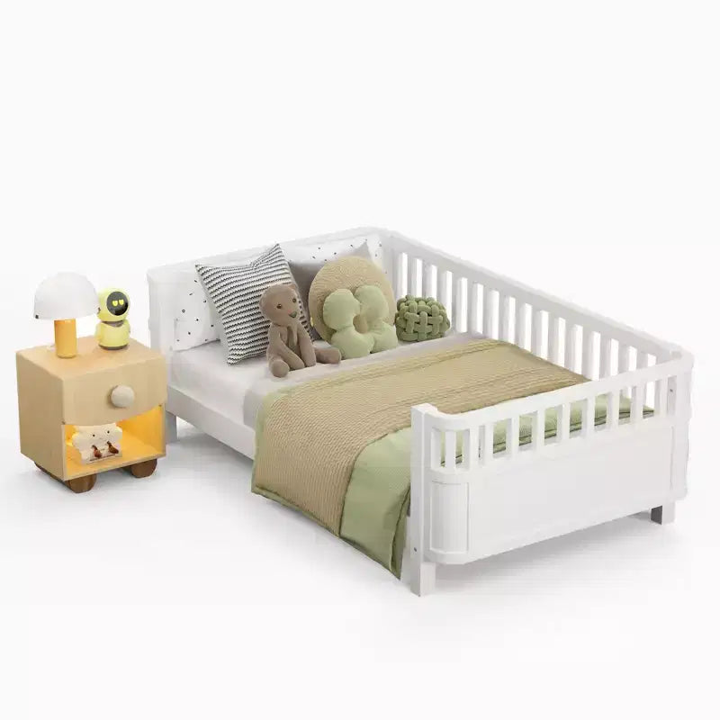 Letto a piattaforma in legno per bambini, letto basso singolo in legno con sponde per bambine e bambini, bianco