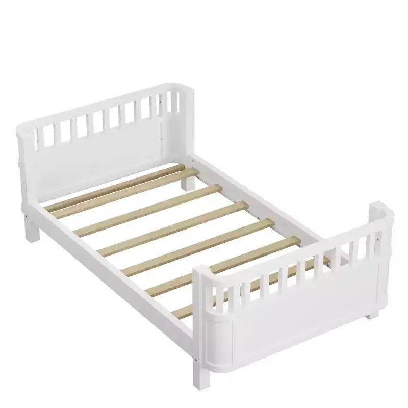 Letto a piattaforma in legno per bambini, letto basso singolo in legno con sponde per bambine e bambini, bianco