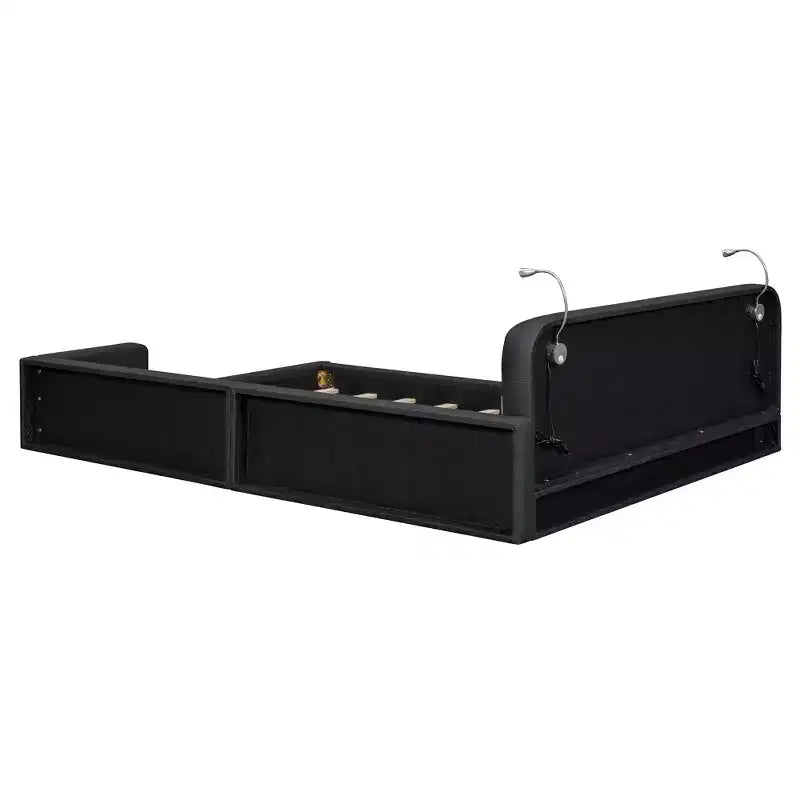 Letto imbottito a terra Queen Size con 2 luci da lettura, letto a piattaforma in PU pelle con testiera ergonomica e sponda di sicurezza