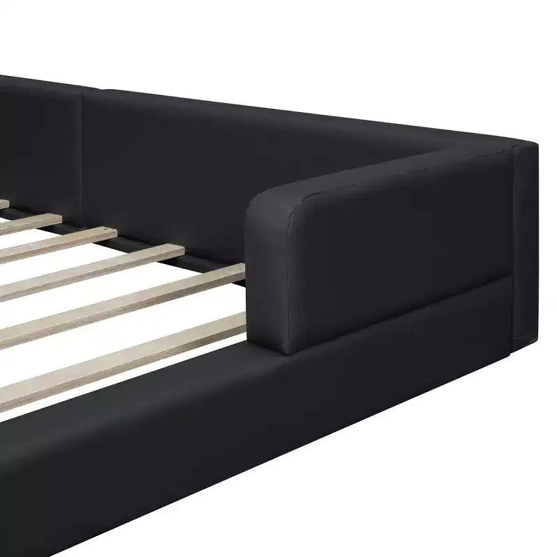 Letto imbottito a terra Queen Size con 2 luci da lettura, letto a piattaforma in PU pelle con testiera ergonomica e sponda di sicurezza