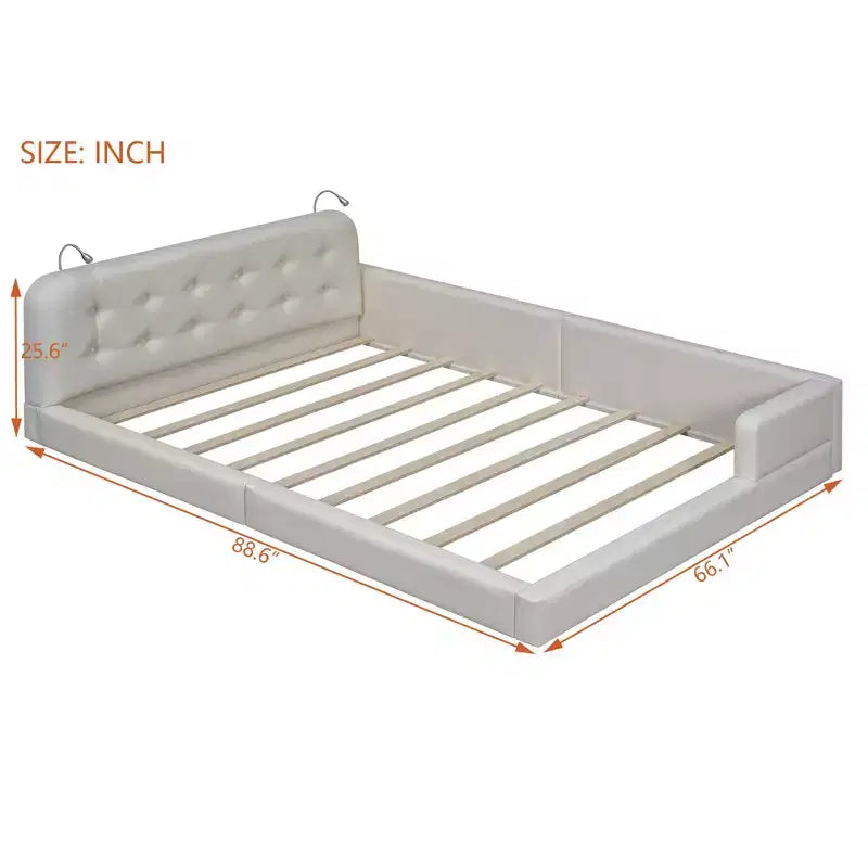 Letto imbottito a terra Queen Size con 2 luci da lettura, letto a piattaforma in PU pelle con testiera ergonomica e sponda di sicurezza