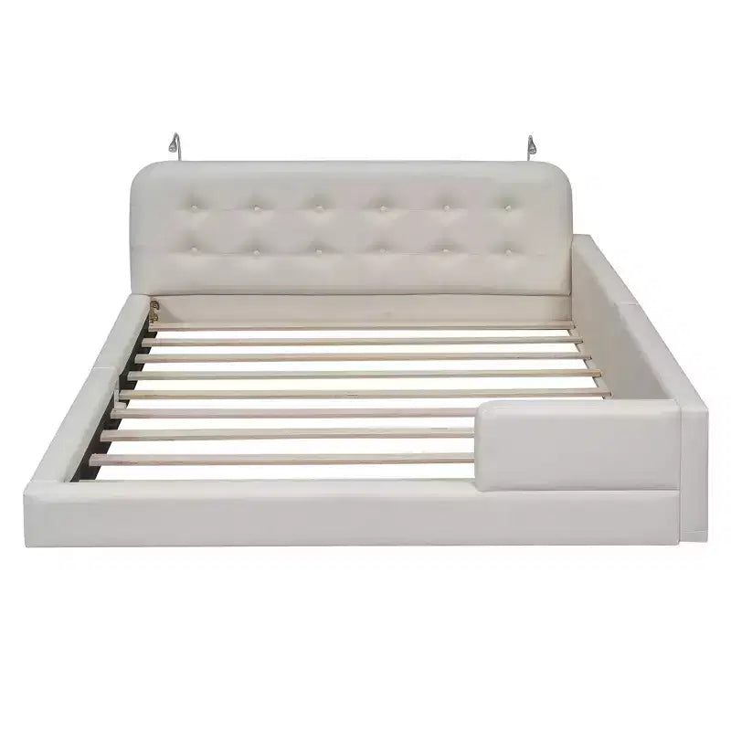 Letto imbottito a terra Queen Size con 2 luci da lettura, letto a piattaforma in PU pelle con testiera ergonomica e sponda di sicurezza