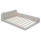 Letto imbottito a terra Queen Size con 2 luci da lettura, letto a piattaforma in PU pelle con testiera ergonomica e sponda di sicurezza