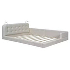 Letto imbottito a terra Queen Size con 2 luci da lettura, letto a piattaforma in PU pelle con testiera ergonomica e sponda di sicurezza