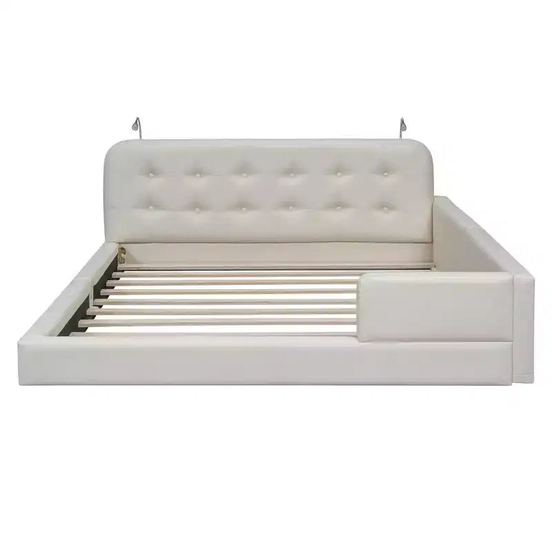 Letto imbottito a terra Queen Size con 2 luci da lettura, letto a piattaforma in PU pelle con testiera ergonomica e sponda di sicurezza