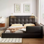 Letto imbottito a terra Queen Size con 2 luci da lettura, letto a piattaforma in PU pelle con testiera ergonomica e sponda di sicurezza