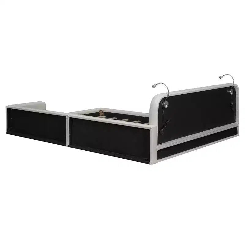Letto imbottito a terra Queen Size con 2 luci da lettura, letto a piattaforma in PU pelle con testiera ergonomica e sponda di sicurezza