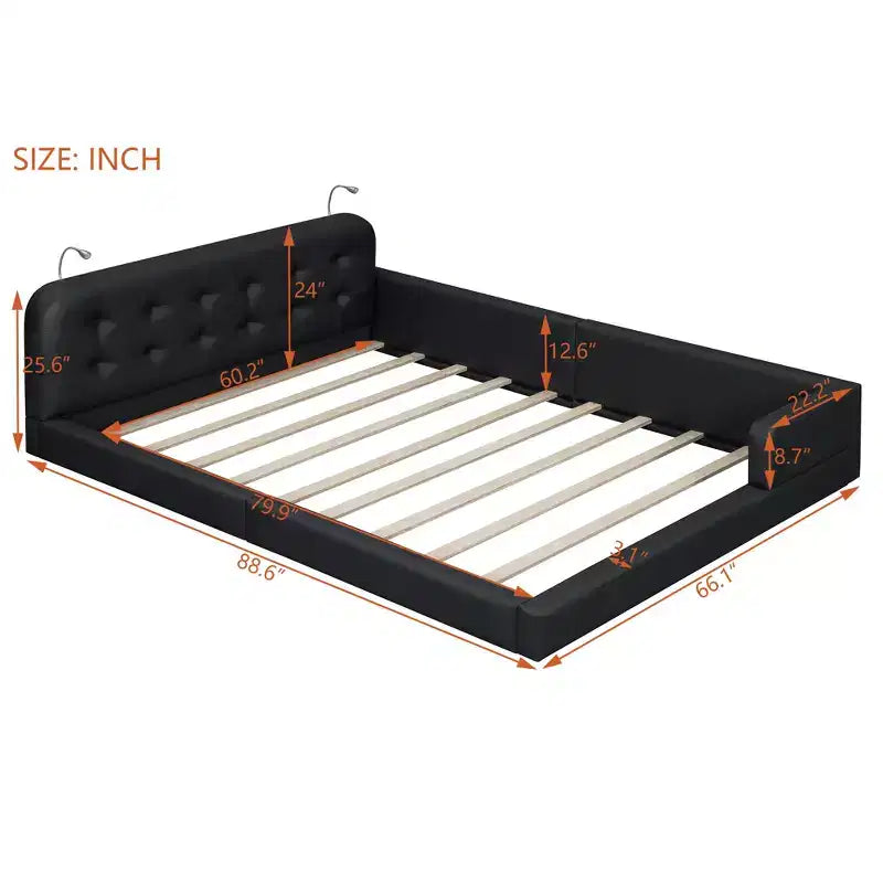 Letto imbottito a terra Queen Size con 2 luci da lettura, letto a piattaforma in PU pelle con testiera ergonomica e sponda di sicurezza
