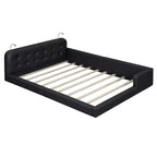 Letto imbottito a terra Queen Size con 2 luci da lettura, letto a piattaforma in PU pelle con testiera ergonomica e sponda di sicurezza