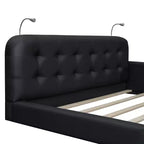 Letto imbottito a terra Queen Size con 2 luci da lettura, letto a piattaforma in PU pelle con testiera ergonomica e sponda di sicurezza