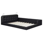 Letto imbottito a terra Queen Size con 2 luci da lettura, letto a piattaforma in PU pelle con testiera ergonomica e sponda di sicurezza
