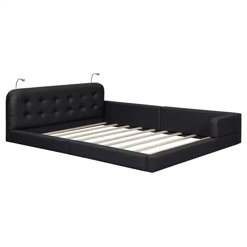 Letto imbottito a terra Queen Size con 2 luci da lettura, letto a piattaforma in PU pelle con testiera ergonomica e sponda di sicurezza