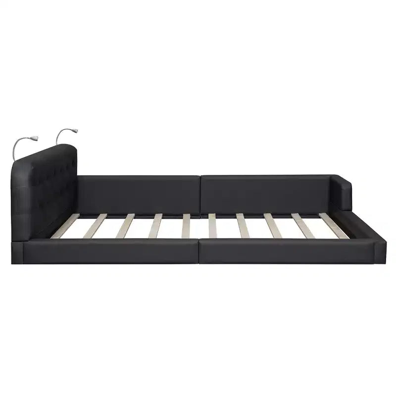 Letto imbottito a terra Queen Size con 2 luci da lettura, letto a piattaforma in PU pelle con testiera ergonomica e sponda di sicurezza