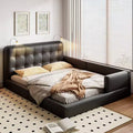 Queen Size Upholstered Grounded Bed with 2 Reading Lights, PU Leather Floor Platform Bed with Ergonomic Headboard and Safety Fence