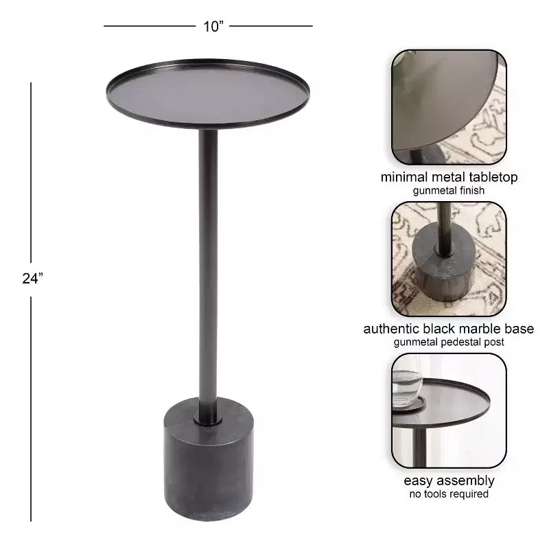 Metal and Marble Drink Table, 10x10x24, Pewter and Black