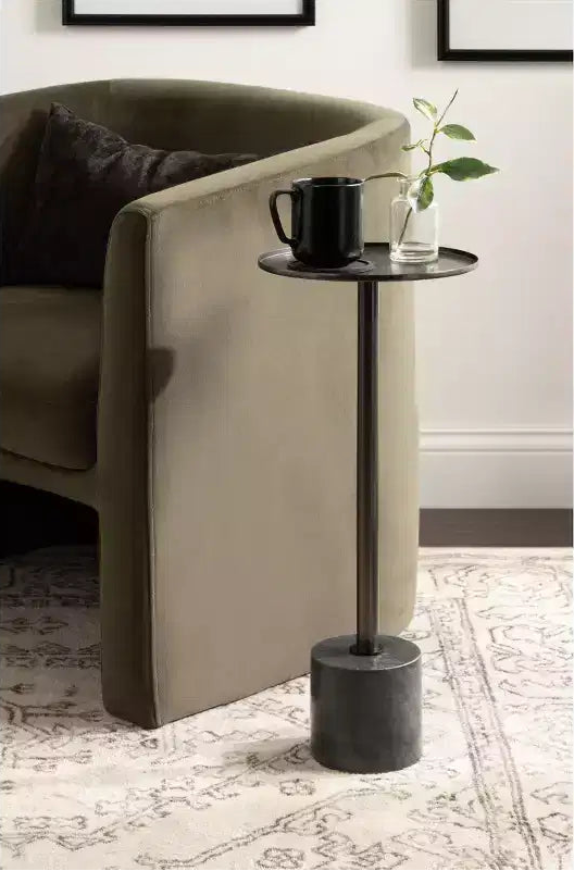 Metal and Marble Drink Table, 10x10x24, Pewter and Black
