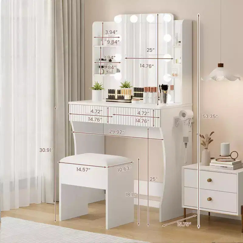 Toeletta con specchio, piccolo set tavolo da trucco con cassetti e sgabello, tavolo da trucco con supporto per asciugacapelli per camera da letto di donne e ragazze