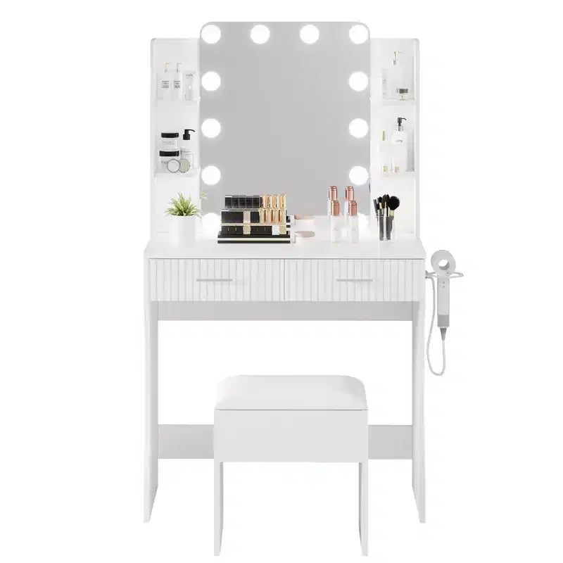 Toeletta con specchio, piccolo set tavolo da trucco con cassetti e sgabello, tavolo da trucco con supporto per asciugacapelli per camera da letto di donne e ragazze