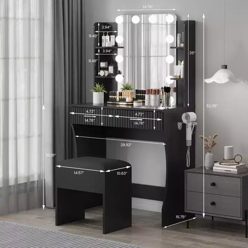 Toeletta con specchio, piccolo set tavolo da trucco con cassetti e sgabello, tavolo da trucco con supporto per asciugacapelli per camera da letto di donne e ragazze