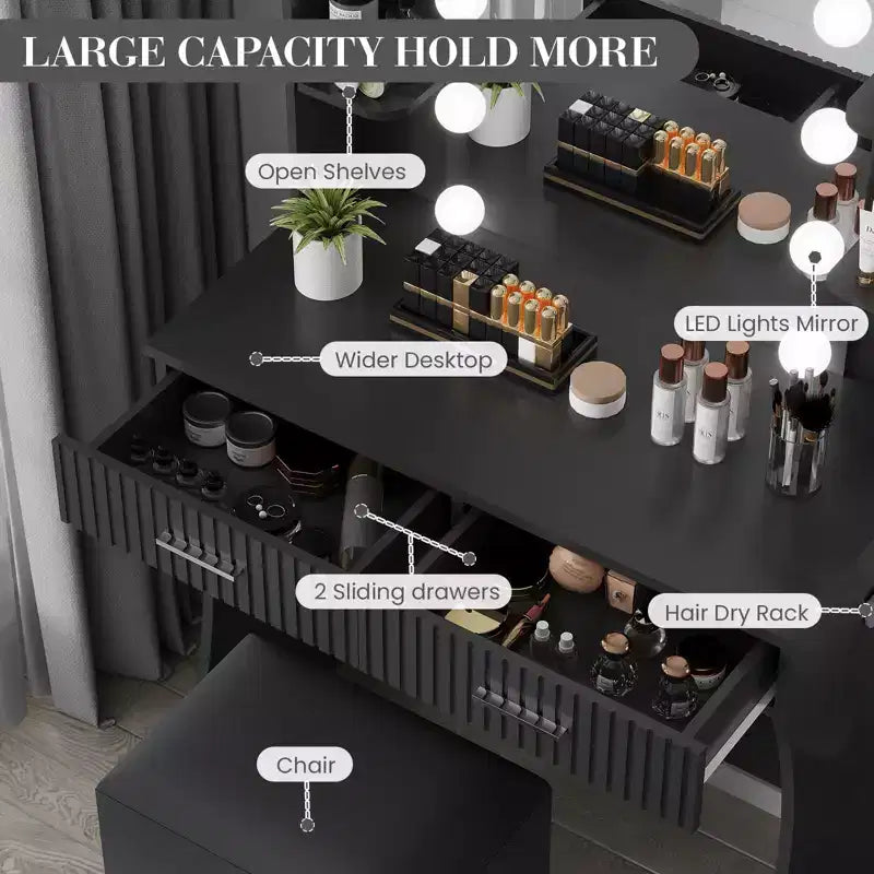 Toeletta con specchio, piccolo set tavolo da trucco con cassetti e sgabello, tavolo da trucco con supporto per asciugacapelli per camera da letto di donne e ragazze