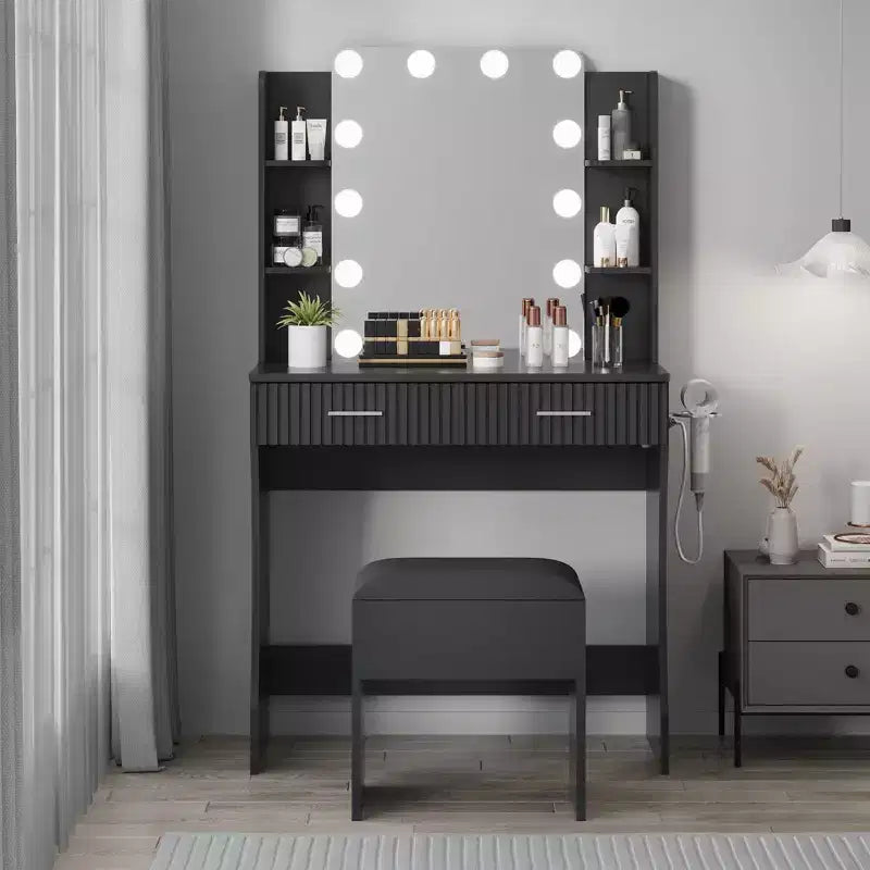 Toeletta con specchio, piccolo set tavolo da trucco con cassetti e sgabello, tavolo da trucco con supporto per asciugacapelli per camera da letto di donne e ragazze