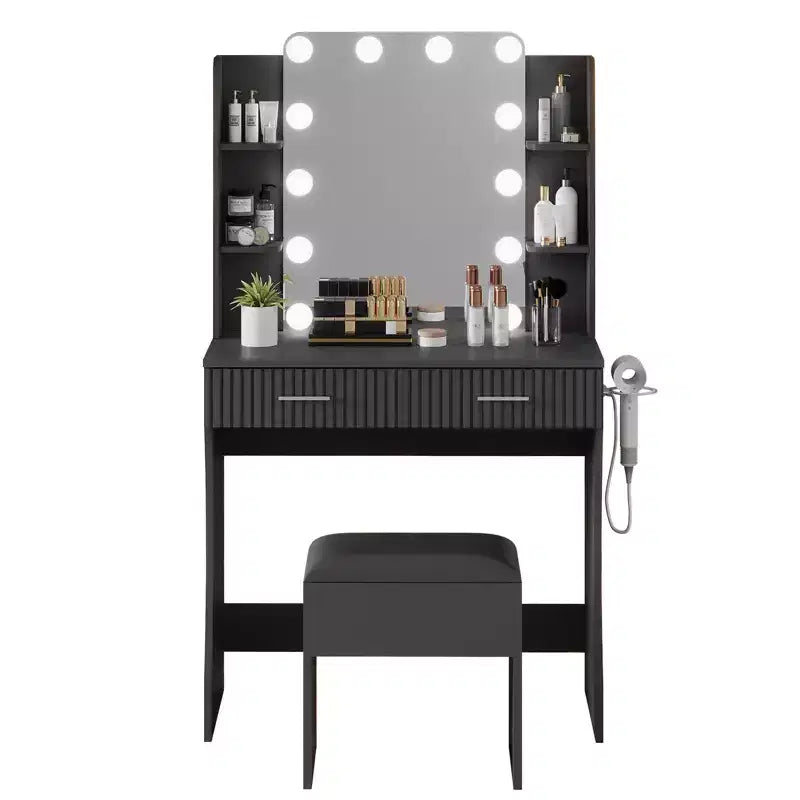 Toeletta con specchio, piccolo set tavolo da trucco con cassetti e sgabello, tavolo da trucco con supporto per asciugacapelli per camera da letto di donne e ragazze
