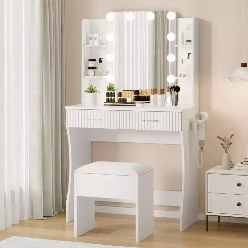 Toeletta con specchio, piccolo set tavolo da trucco con cassetti e sgabello, tavolo da trucco con supporto per asciugacapelli per camera da letto di donne e ragazze