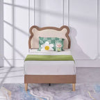 VECELO Twin Size Brown Kid Bed Frame, Bear-Shaped Wooden Upholstered Platform Bed Frame with Adjustable Headboard, No Box Spring Needed