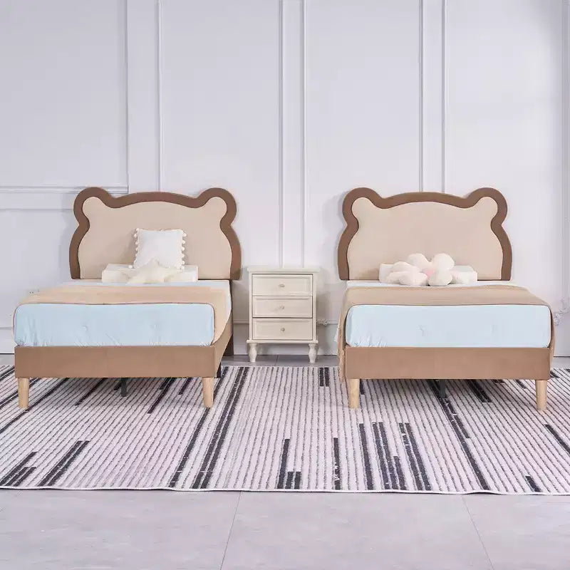 Struttura letto per bambini singola marrone, struttura letto a piattaforma imbottita in legno a forma di orso con testiera regolabile, non necessita di rete a doghe