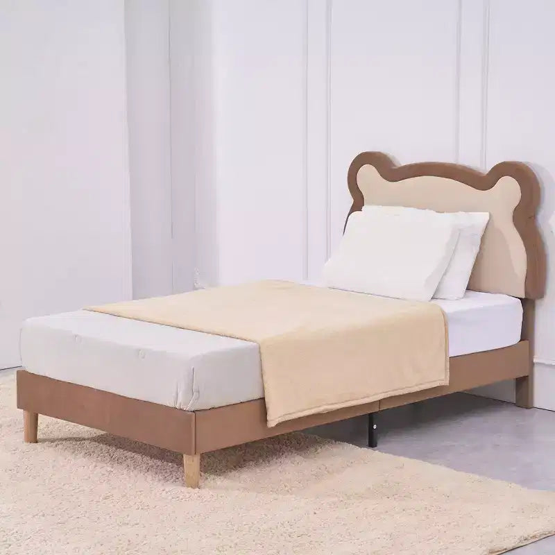 Struttura letto per bambini singola marrone, struttura letto a piattaforma imbottita in legno a forma di orso con testiera regolabile, non necessita di rete a doghe