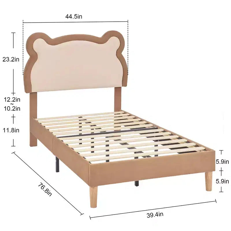Struttura letto per bambini singola marrone, struttura letto a piattaforma imbottita in legno a forma di orso con testiera regolabile, non necessita di rete a doghe