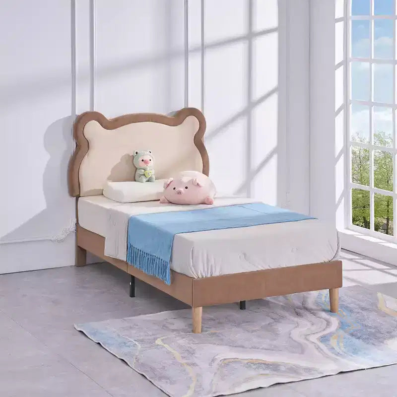 Struttura letto per bambini singola marrone, struttura letto a piattaforma imbottita in legno a forma di orso con testiera regolabile, non necessita di rete a doghe