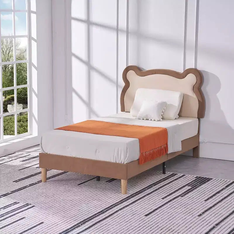 Struttura letto per bambini singola marrone, struttura letto a piattaforma imbottita in legno a forma di orso con testiera regolabile, non necessita di rete a doghe