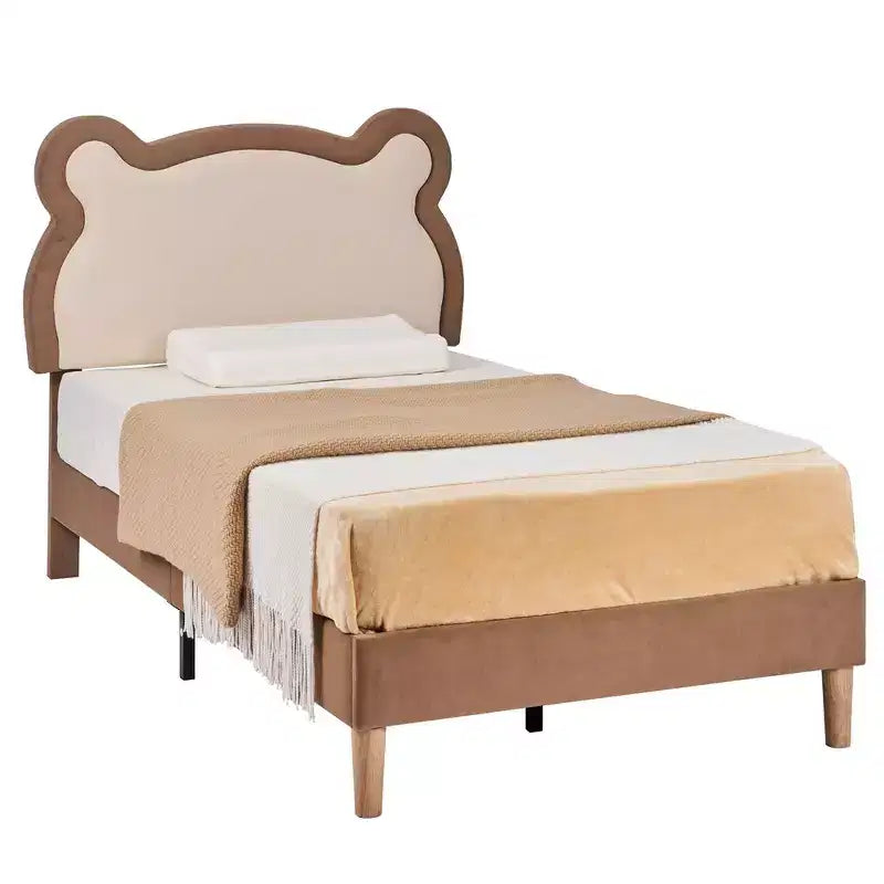 Struttura letto per bambini singola marrone, struttura letto a piattaforma imbottita in legno a forma di orso con testiera regolabile, non necessita di rete a doghe