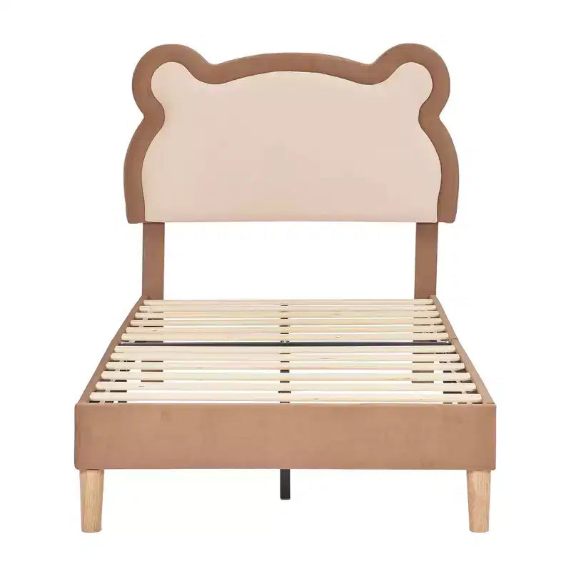 Struttura letto per bambini singola marrone, struttura letto a piattaforma imbottita in legno a forma di orso con testiera regolabile, non necessita di rete a doghe