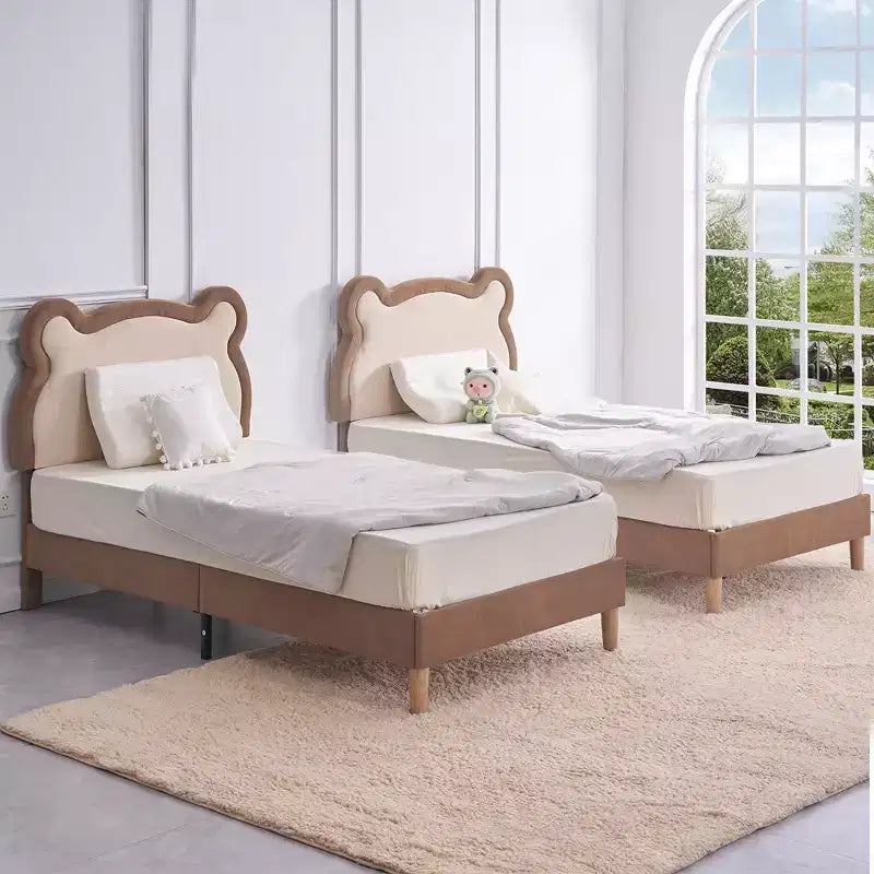 Struttura letto per bambini singola marrone, struttura letto a piattaforma imbottita in legno a forma di orso con testiera regolabile, non necessita di rete a doghe