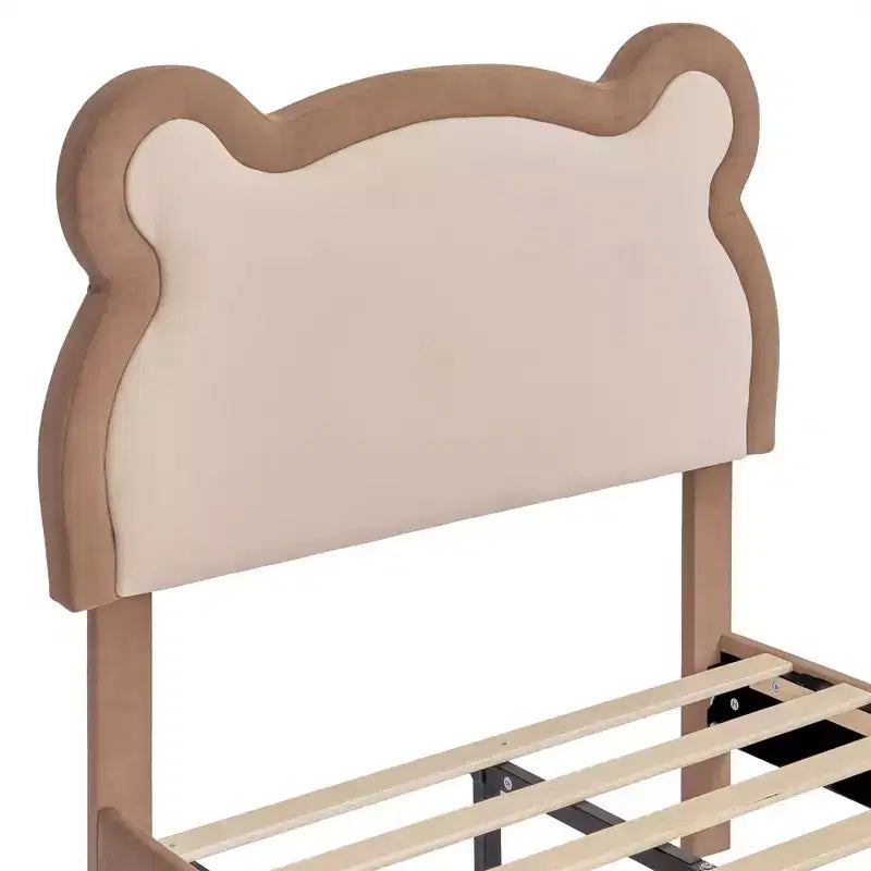 Struttura letto per bambini singola marrone, struttura letto a piattaforma imbottita in legno a forma di orso con testiera regolabile, non necessita di rete a doghe