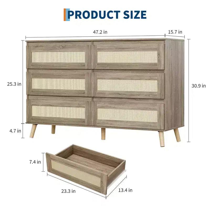Comò a 6 cassetti in rattan per camera da letto, cassettiere in legno, organizer contenitore moderno stile colonico per armadio, ingresso, soggiorno