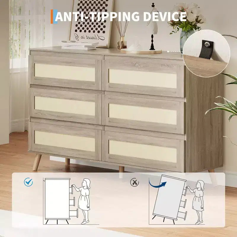 Comò a 6 cassetti in rattan per camera da letto, cassettiere in legno, organizer contenitore moderno stile colonico per armadio, ingresso, soggiorno