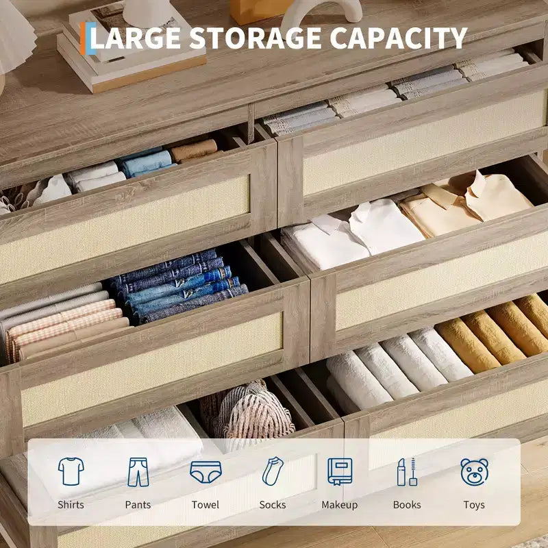 Comò a 6 cassetti in rattan per camera da letto, cassettiere in legno, organizer contenitore moderno stile colonico per armadio, ingresso, soggiorno