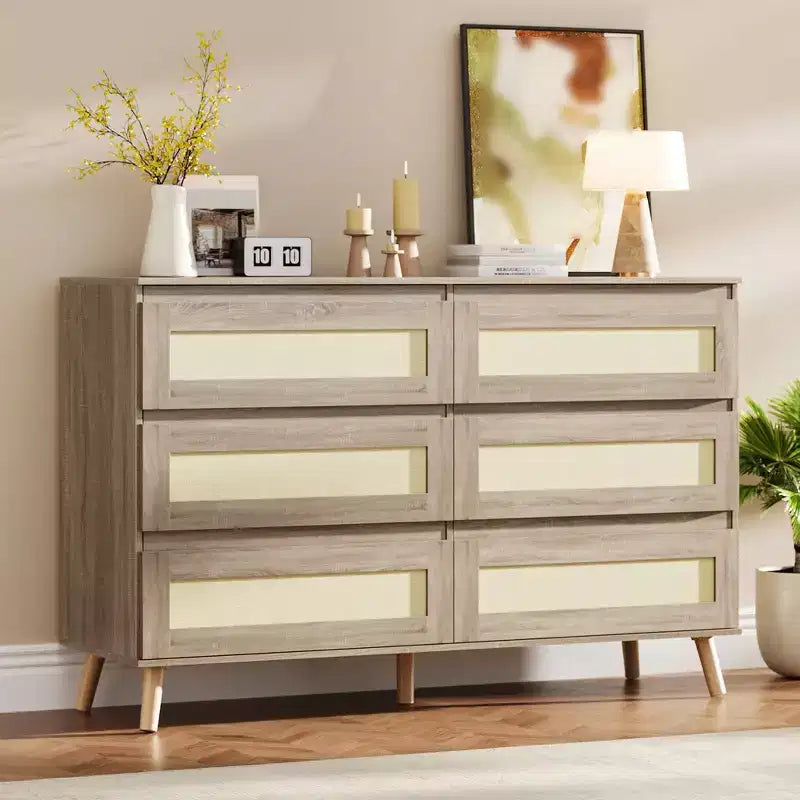 Comò a 6 cassetti in rattan per camera da letto, cassettiere in legno, organizer contenitore moderno stile colonico per armadio, ingresso, soggiorno
