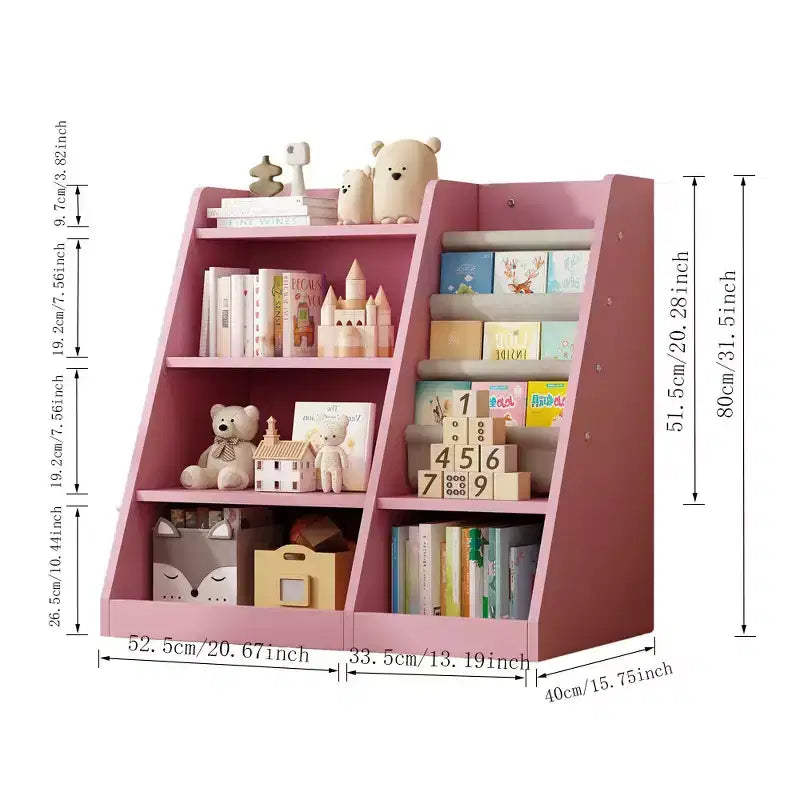 Libreria per bambini a 4 ripiani, Legno ingegnerizzato robusto, 3 ampie tasche in tessuto, Favorisce la lettura e l'organizzazione