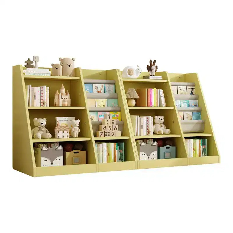 Libreria per bambini a 4 ripiani, Legno ingegnerizzato robusto, 3 ampie tasche in tessuto, Favorisce la lettura e l'organizzazione