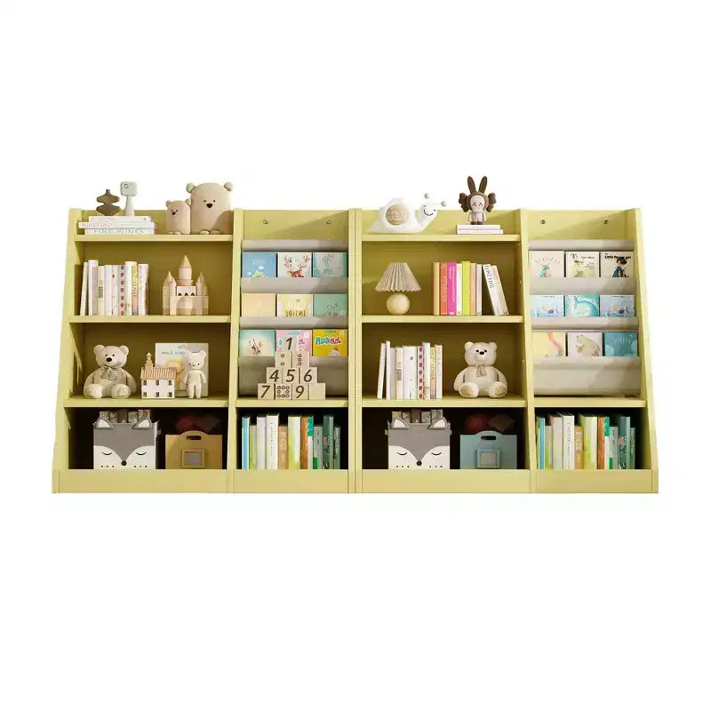 Libreria per bambini a 4 ripiani, Legno ingegnerizzato robusto, 3 ampie tasche in tessuto, Favorisce la lettura e l'organizzazione