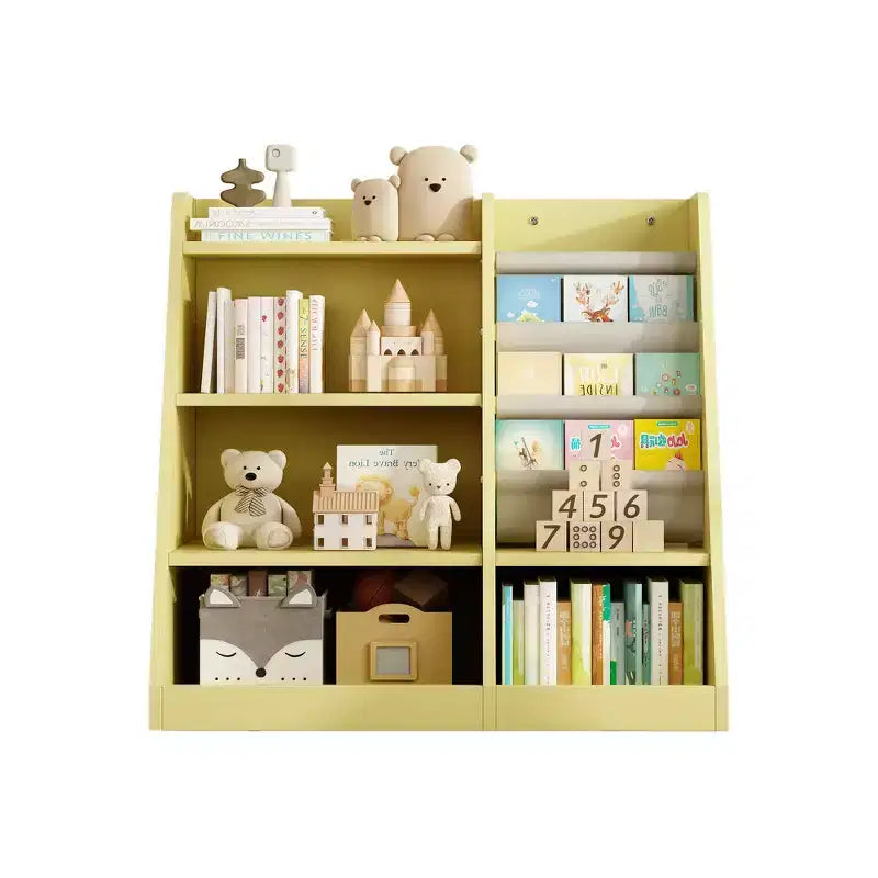 Libreria per bambini a 4 ripiani, Legno ingegnerizzato robusto, 3 ampie tasche in tessuto, Favorisce la lettura e l'organizzazione