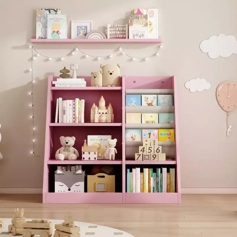Libreria per bambini a 4 ripiani, Legno ingegnerizzato robusto, 3 ampie tasche in tessuto, Favorisce la lettura e l'organizzazione